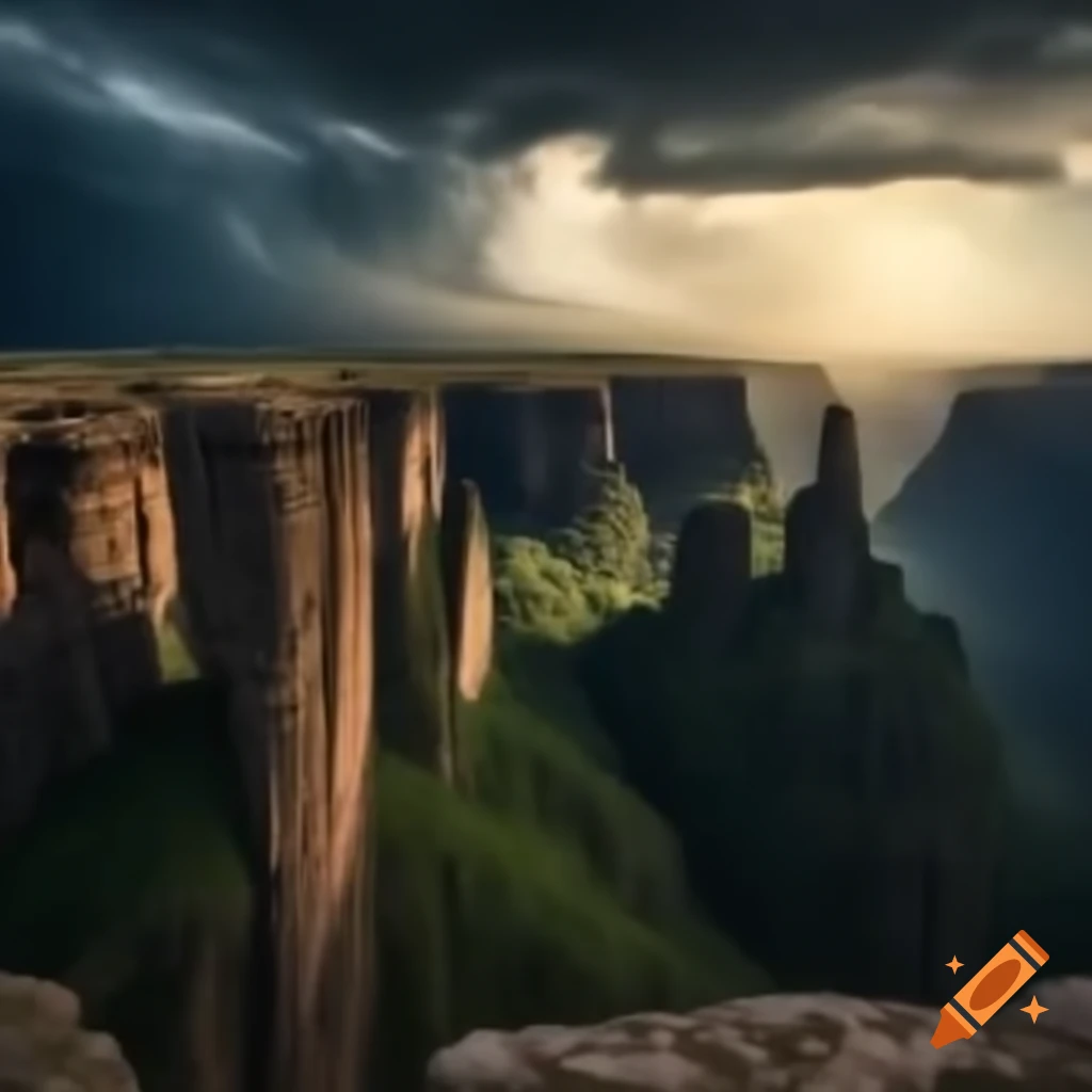 Heavenly landscape featuring tall cliffs and dramatic storm