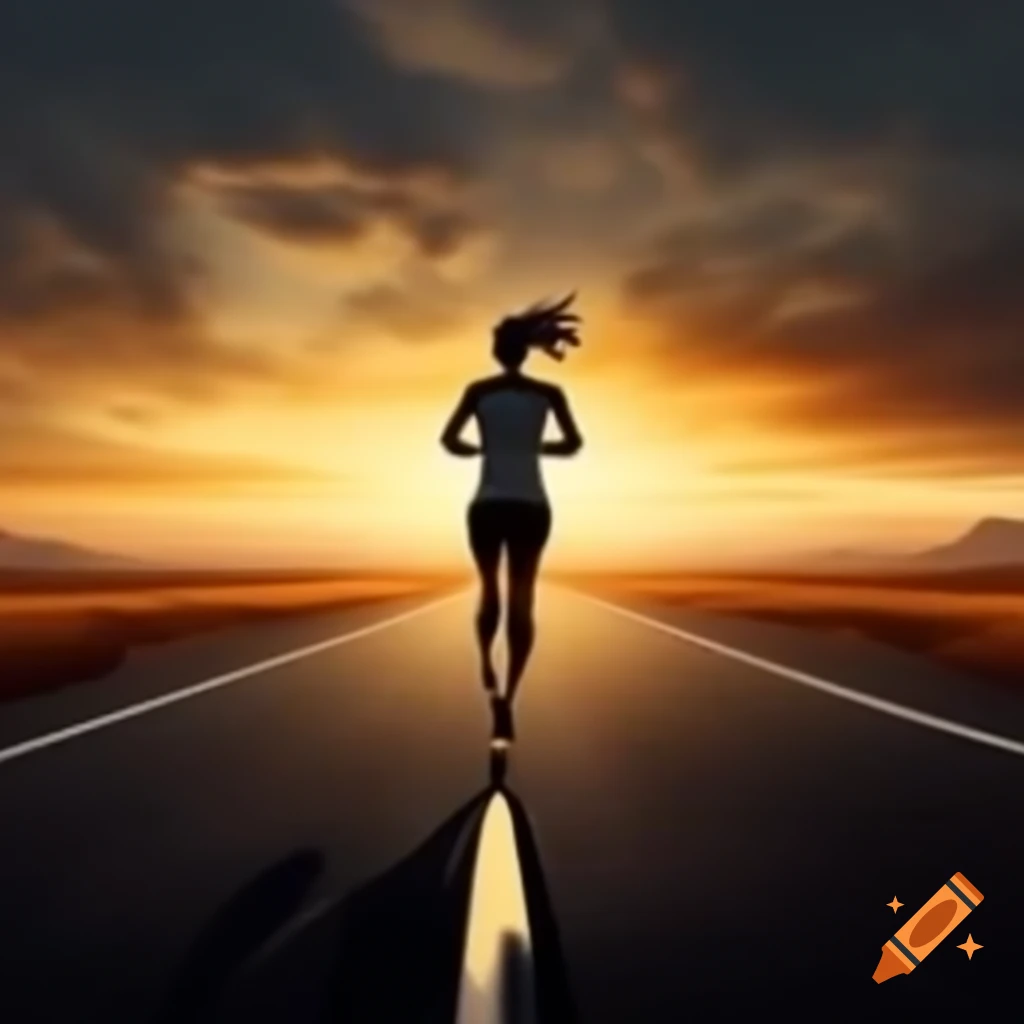 Lone runner on empty road at sunrise with golden and orange sky