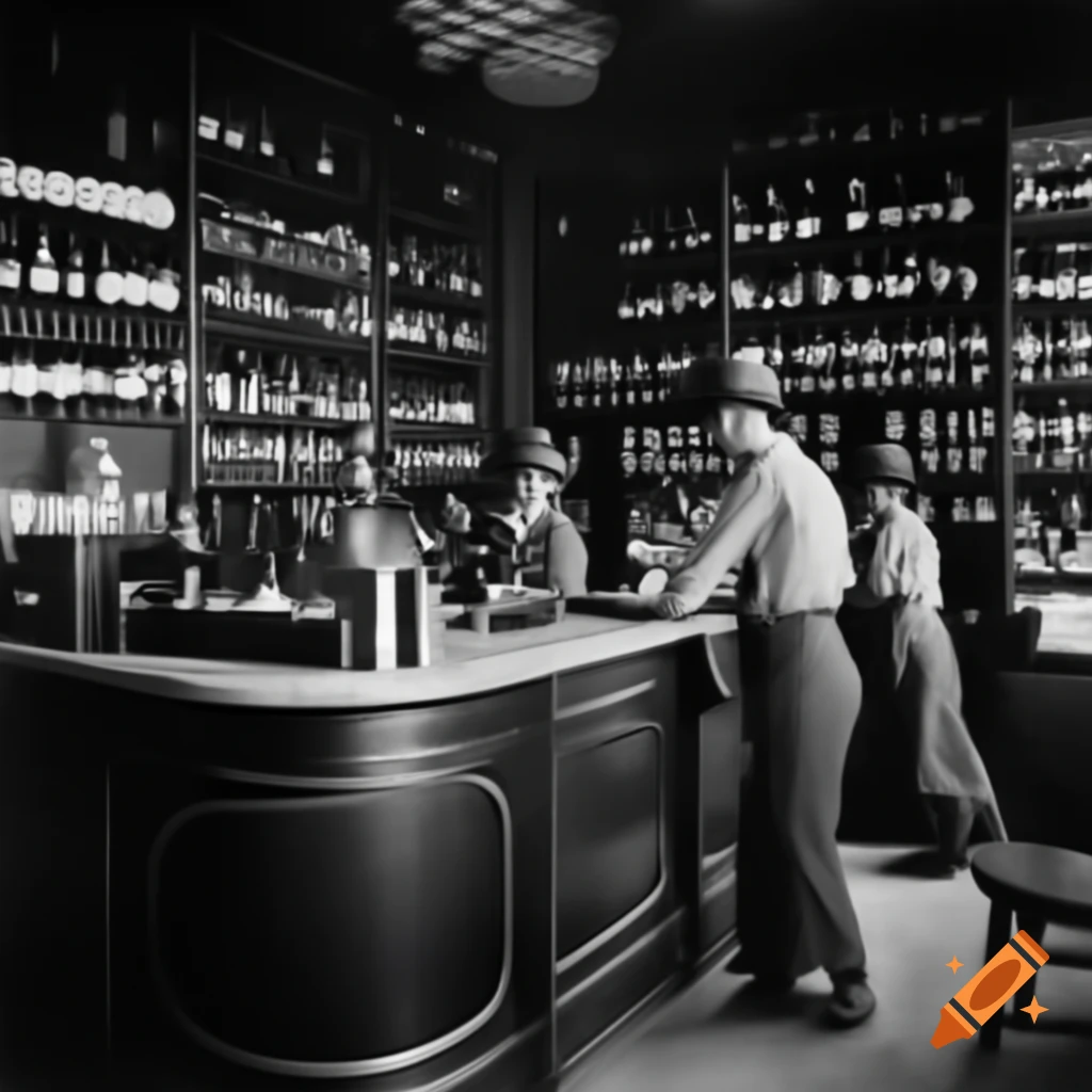 Vintage 1900 photo of liquor store with wine shelves and counter staff