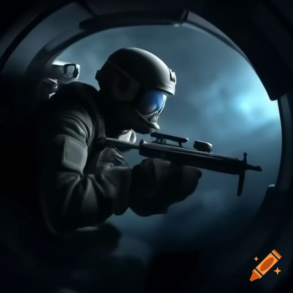 Tactical soldier in exoskeleton dropped from orbit in a drop pod