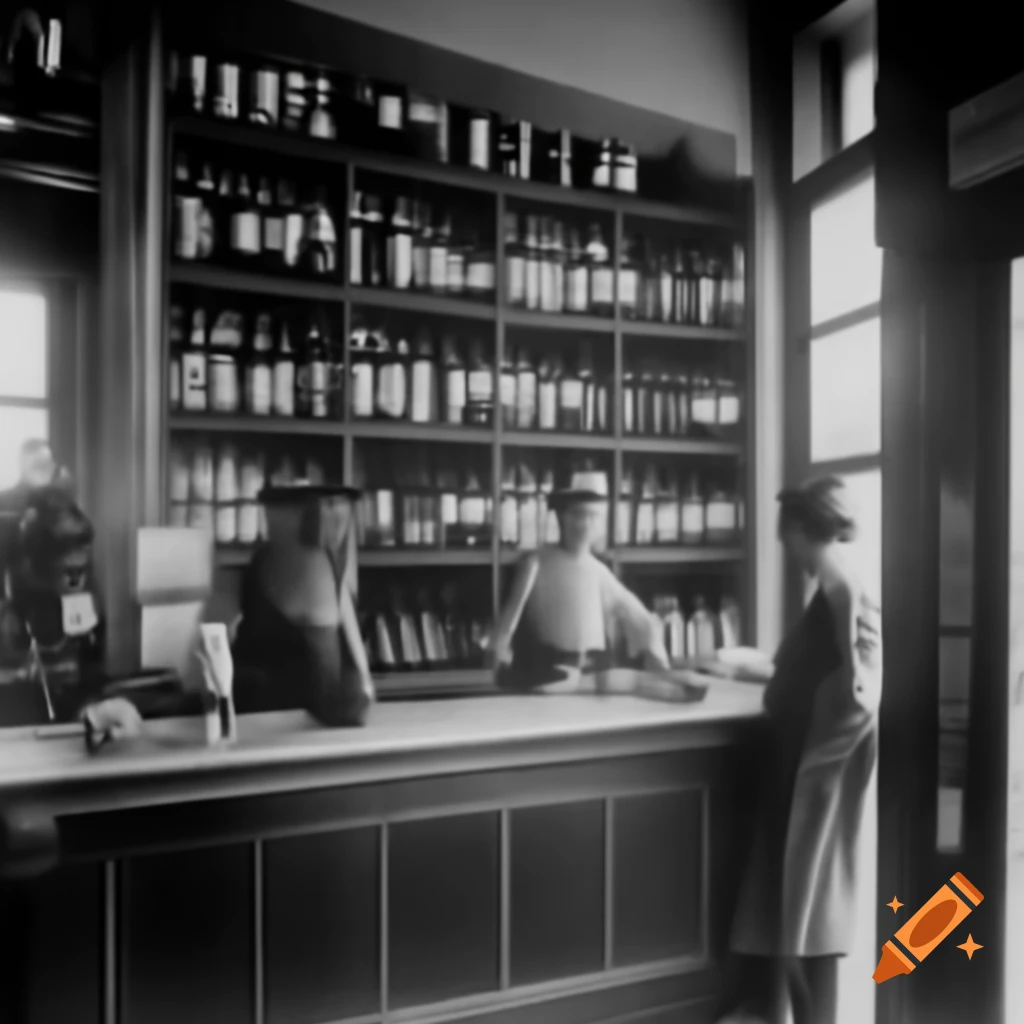 Vintage 1900 photo of liquor store with wine shelves and counter staff