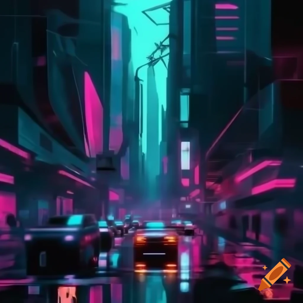 Bustling cyberpunk street scene illuminated by neon lights and futuristic vehicles