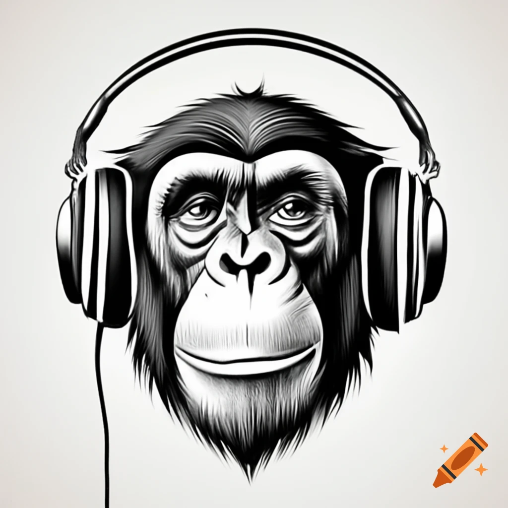 Line drawing of chimpanzee wearing headphones, eyes closed, against white background