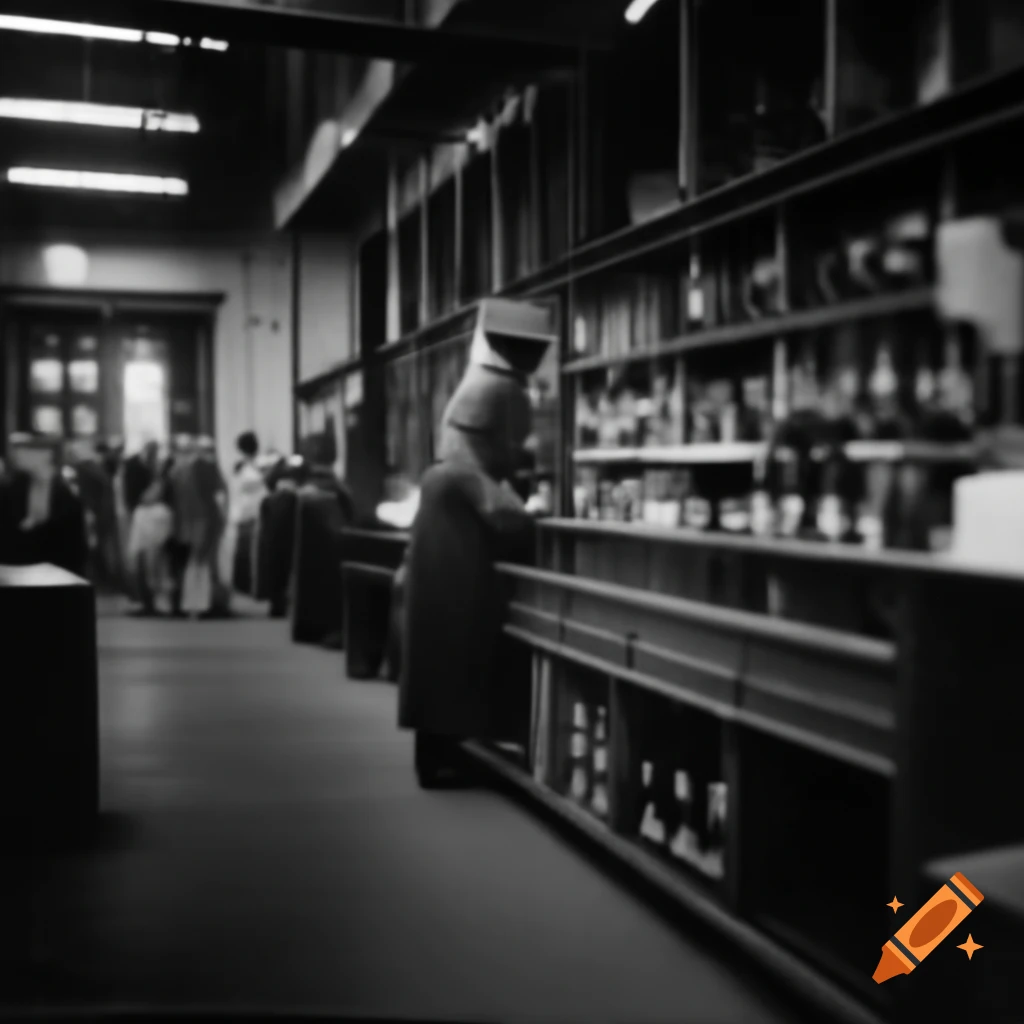 Vintage photo of liquor store with wine shelves and customers