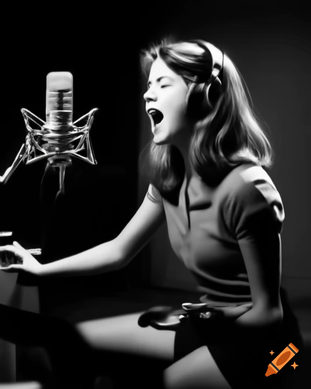 Girl singing in recording studio with 80s aesthetics on craiyon