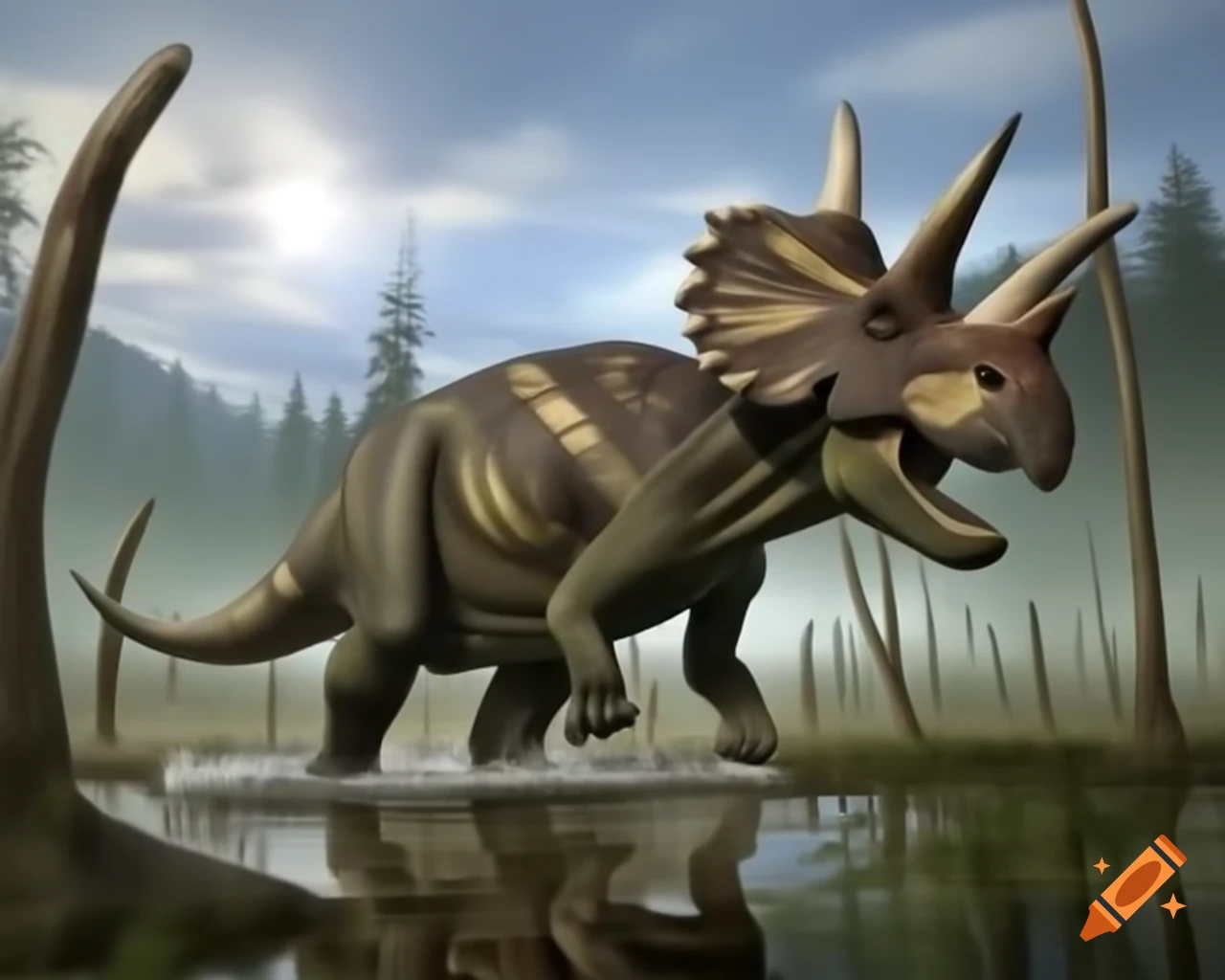 Herd of protoceratops crossing marsh with driftwood in British Columbia under intense sunlight