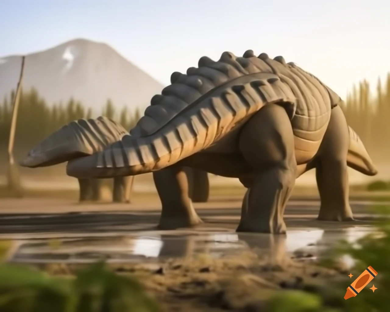 Ankylosaurus and Diplodocus in sunlit mudflat with ferns and driftwood
