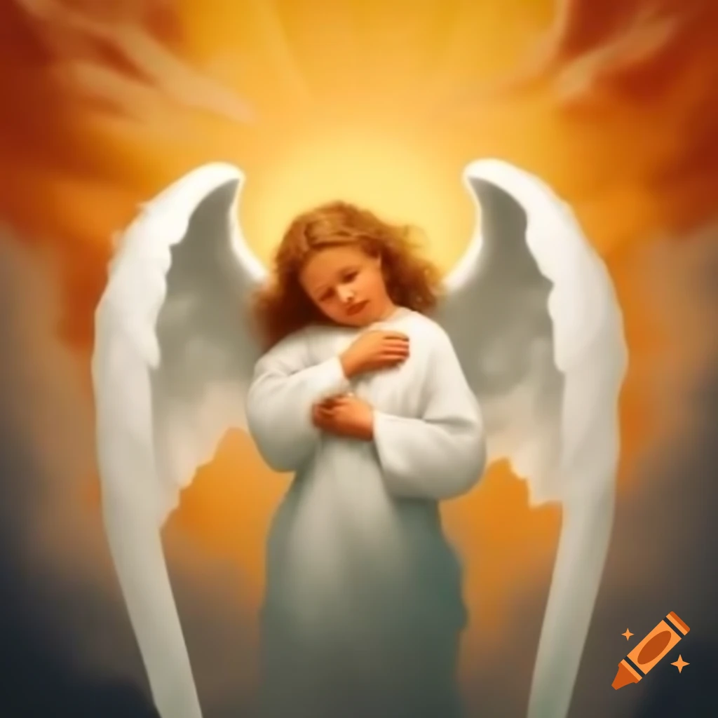 Guardian angel embracing a person in warm colors with sun rays and clouds