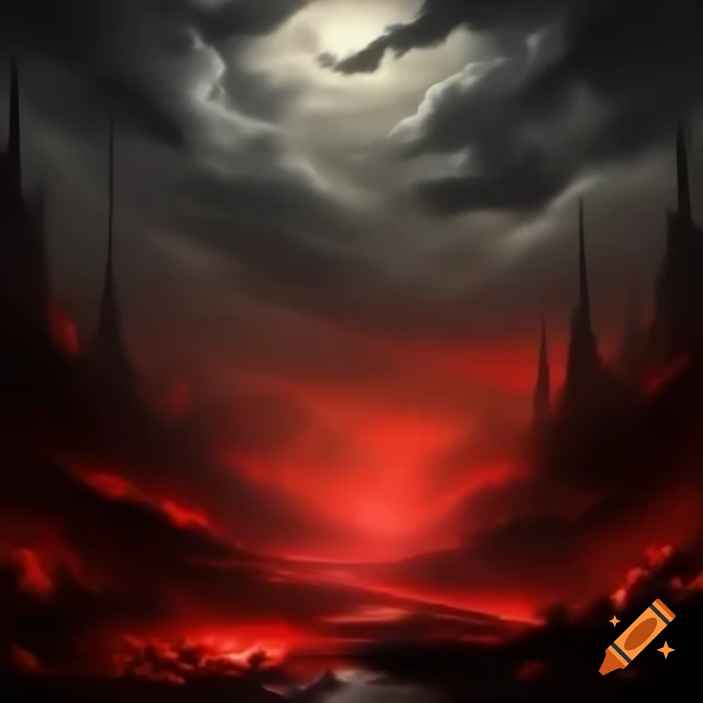 Desolate demonic landscape with dark sky and red glowing rifts