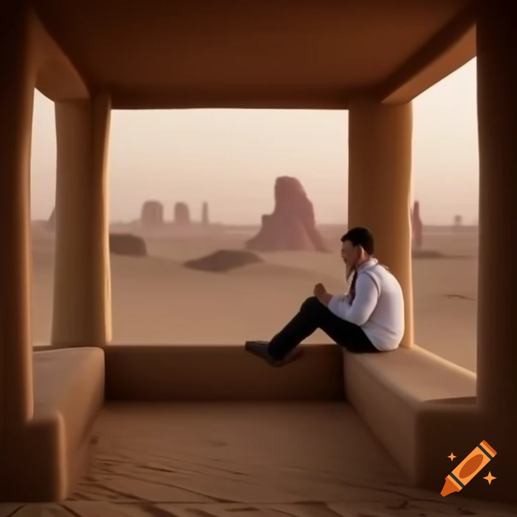 Man in desert sipping coffee, gazing at distant Bedouin city