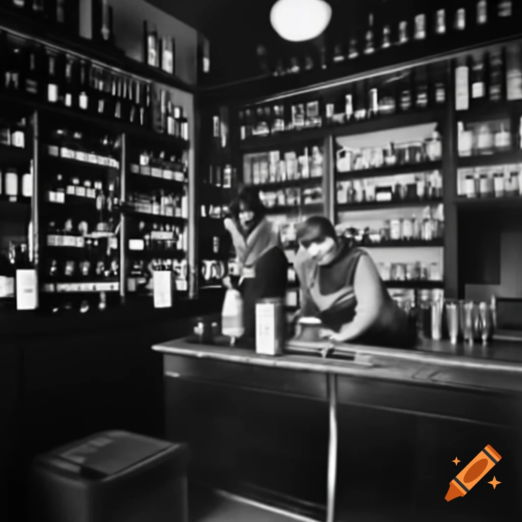 Vintage 1900 photo of liquor store with wine shelves and counter staff