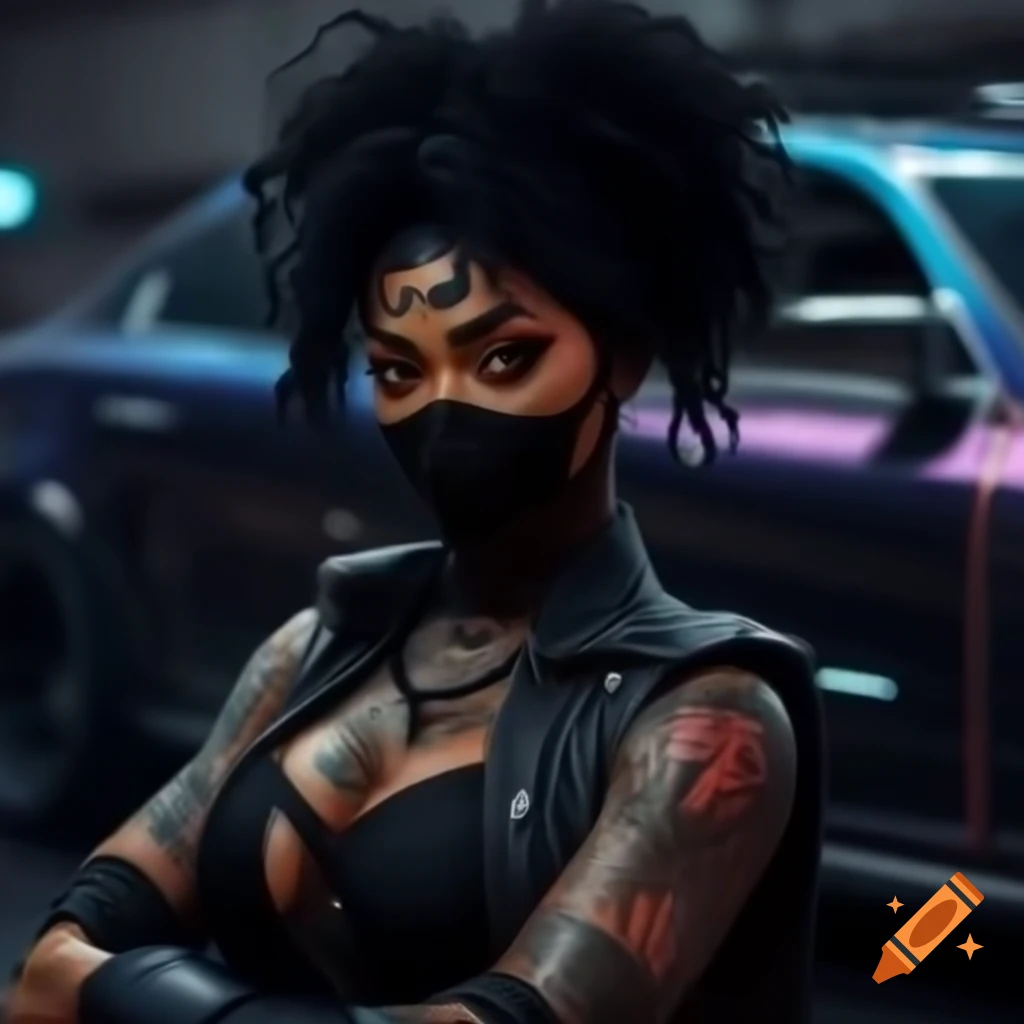 Black nomad woman in leather gear with tribal tattoos, cyberpunk aesthetic, with sports car