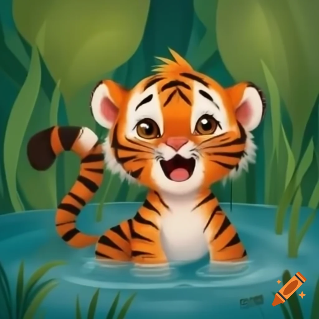 Baby tiger playing joyfully in pond