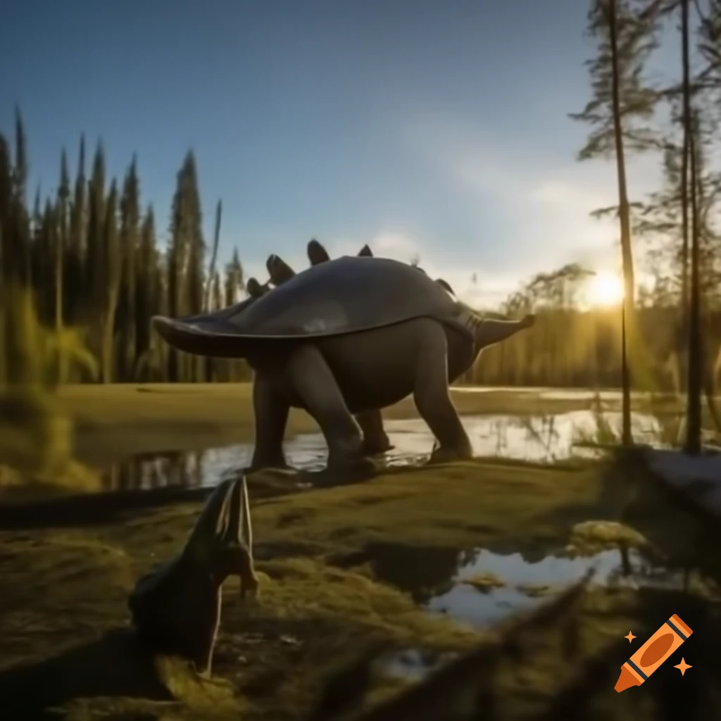 Ankylosaurus and Diplodocus by lake with ferns and fallen trees during golden hour