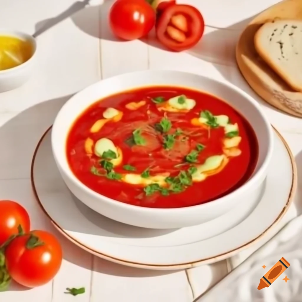 Vibrant bowl of gazpacho with diced vegetables in rustic white bowl