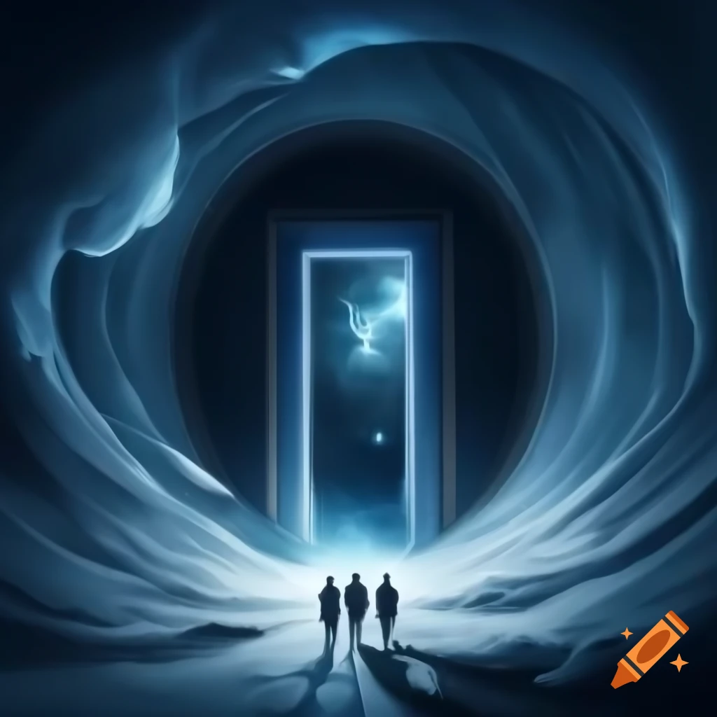 Swirling tunnel of time leading to a massive rectangular doorway