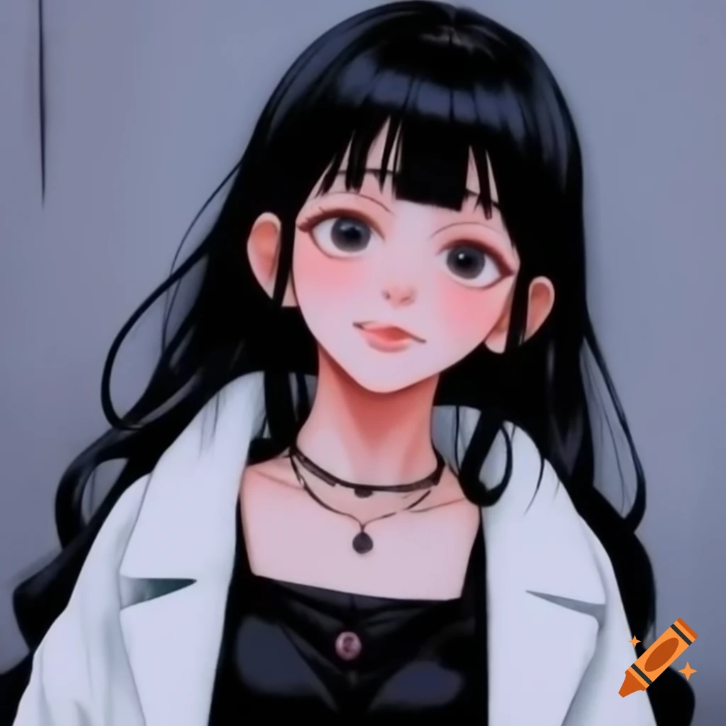 Character in Jujutsu Kaisen style with grey eyes, long black hair, and white coat