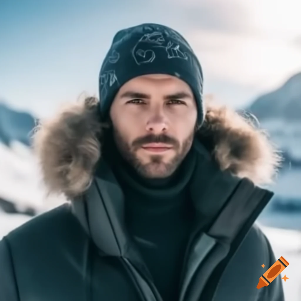 Portrait of man in winter outfit with snow and mountains on craiyon