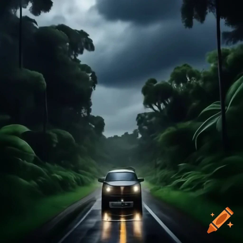 SUV driving on narrow road through dense jungle in storm