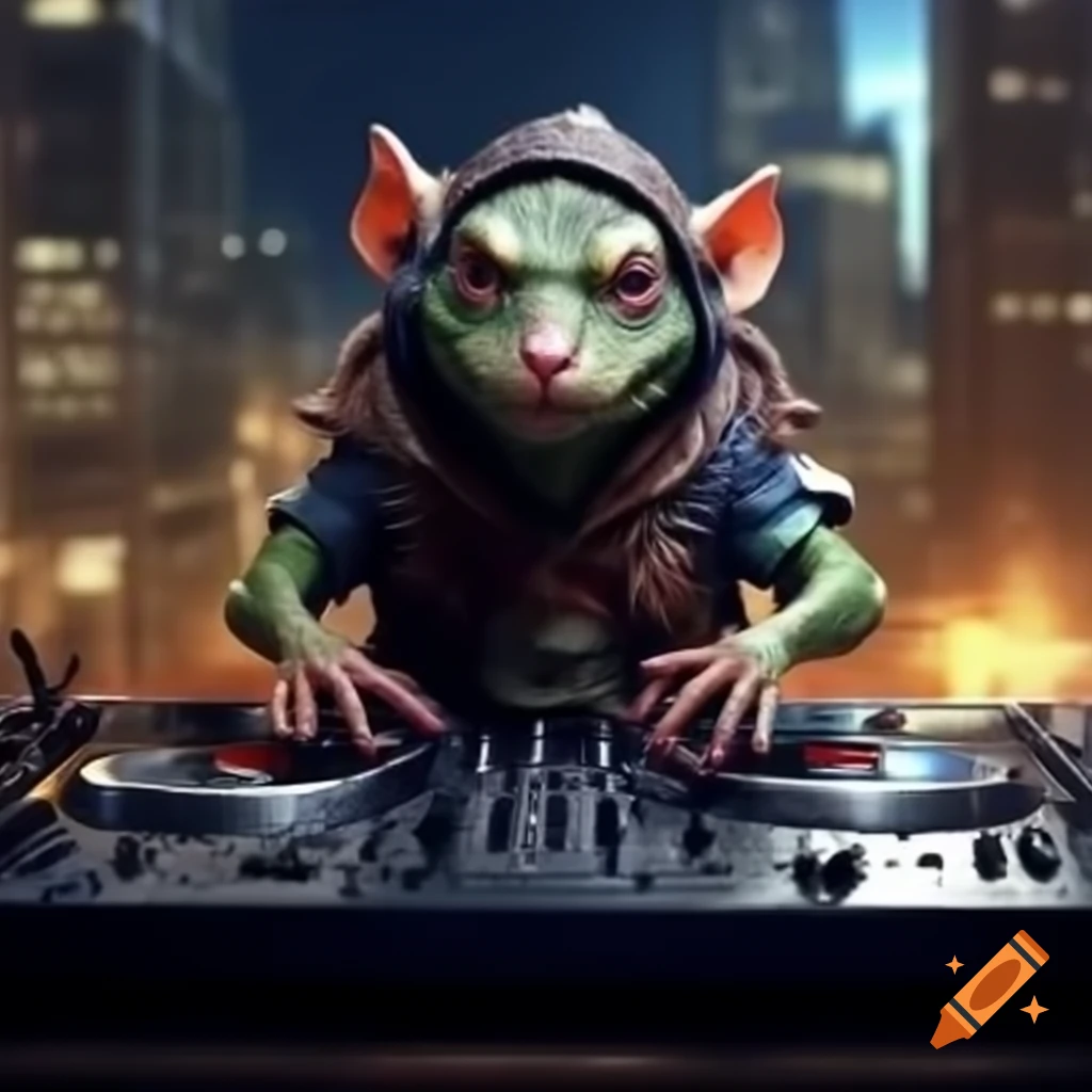 Red rat goblin DJ performing at urban rooftop party