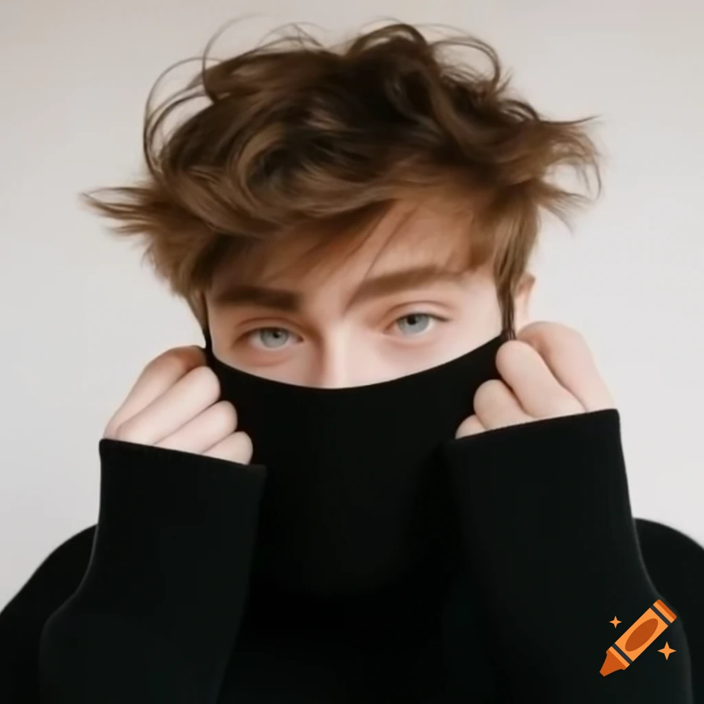 Russian man with messy brown hair and black sweater wearing a black face mask