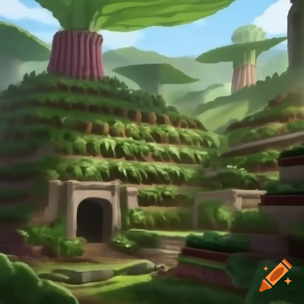 Vibrant Vegetable Kingdom with towering stalks and leafy hills, blending nature and architecture
