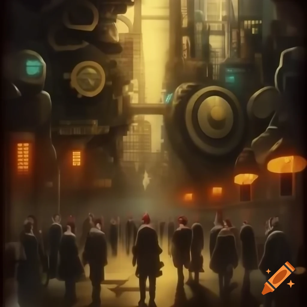 Steampunk Victorian cityscape with mechanical marvels and steam-powered carriages