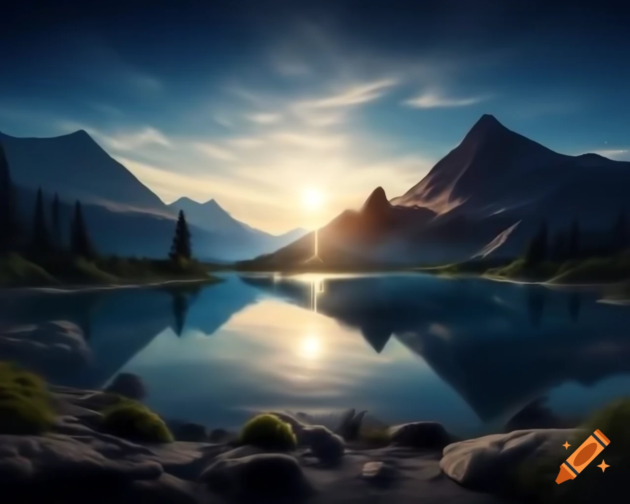 Photorealistic 3D render of mountain lake at sunset with sun rays and island