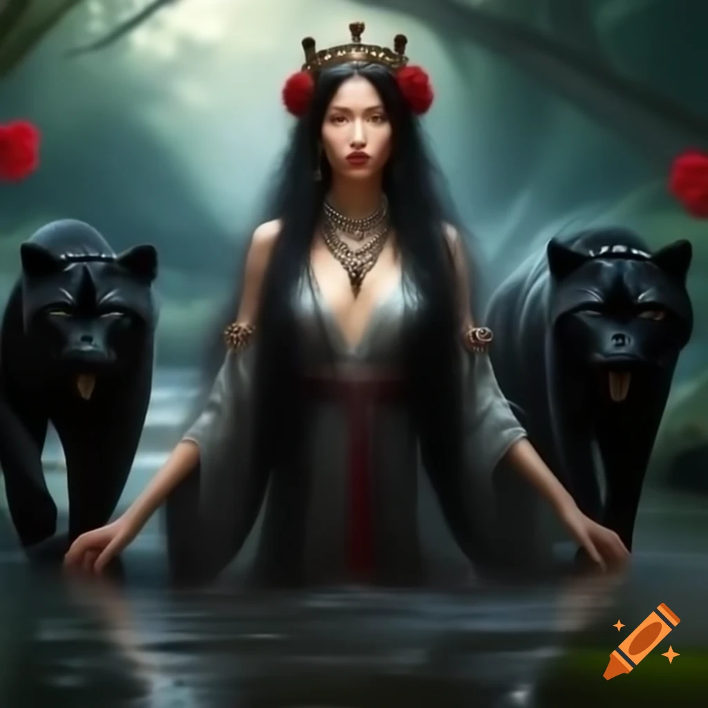 Woman in black gown with crown, standing by stream with panthers and roses in mist