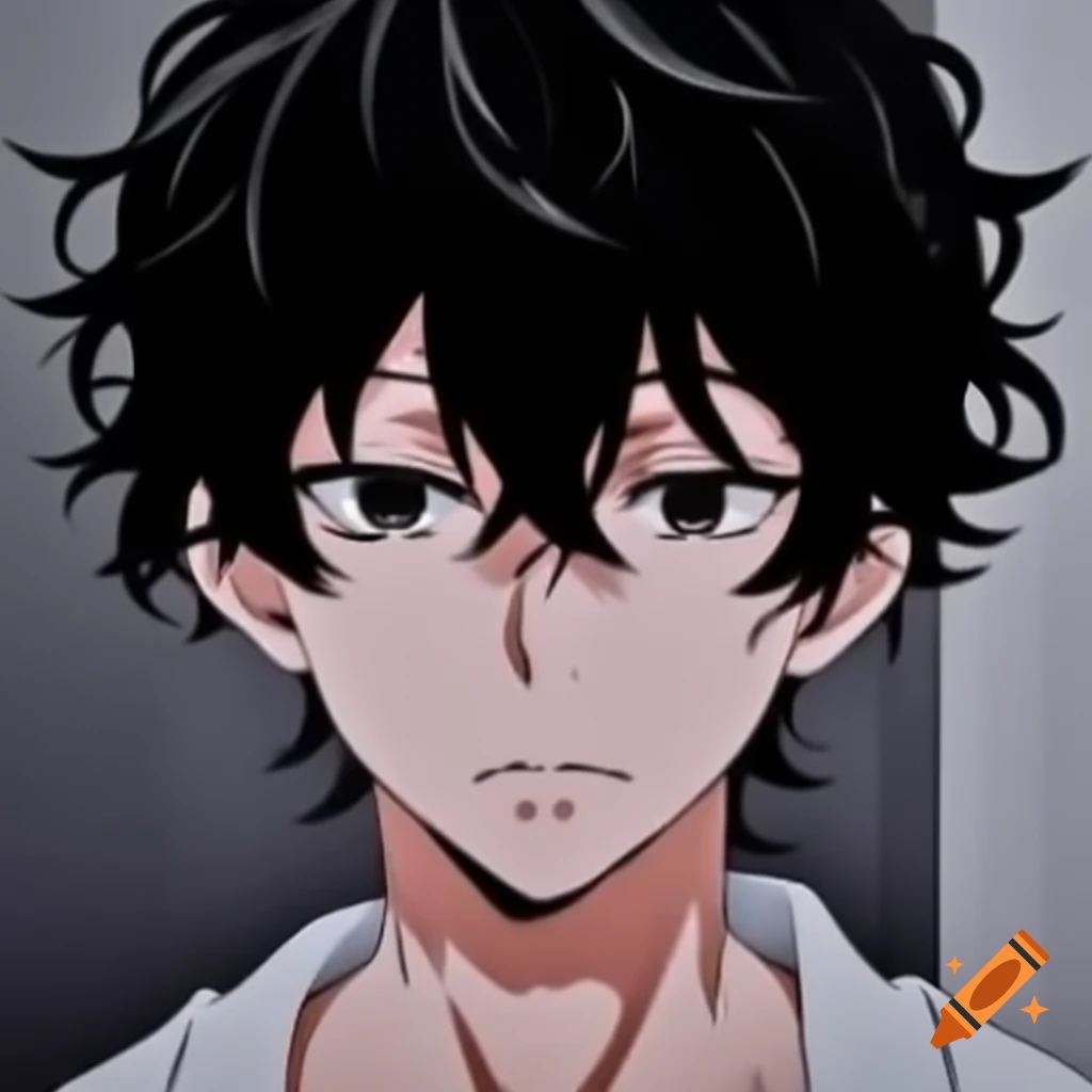 Anime character with black messy wavy hair and tired expression