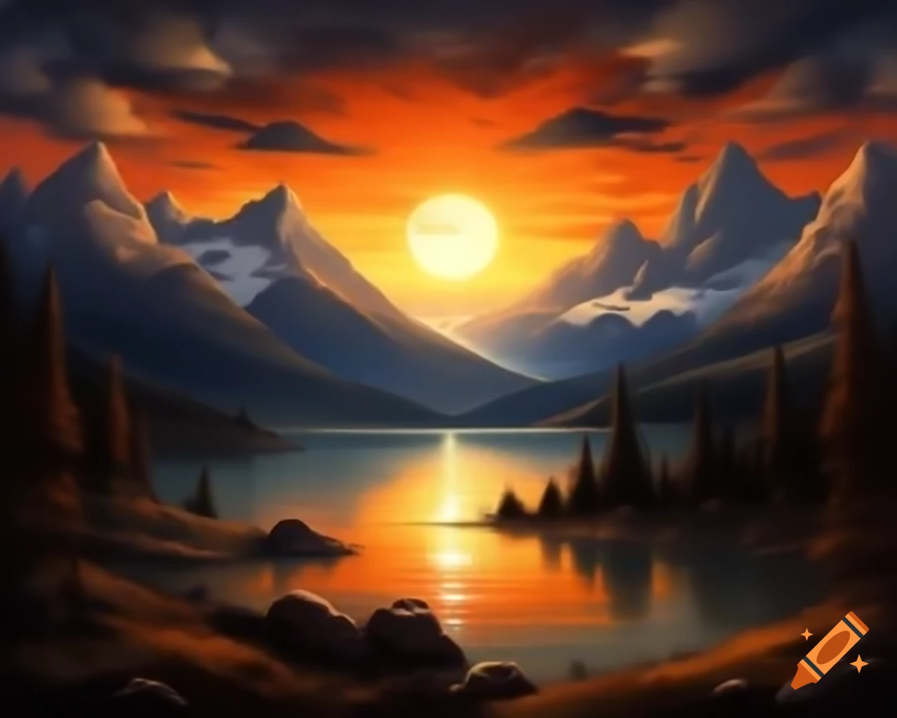 Photorealistic painting of sunset over mountain lake with sunrays