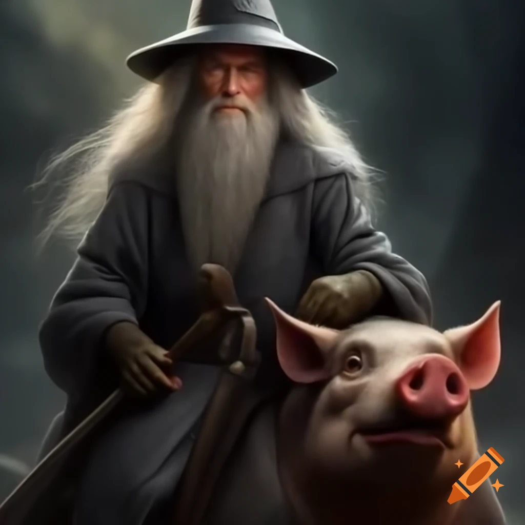 Gandalf character humorously riding a pig