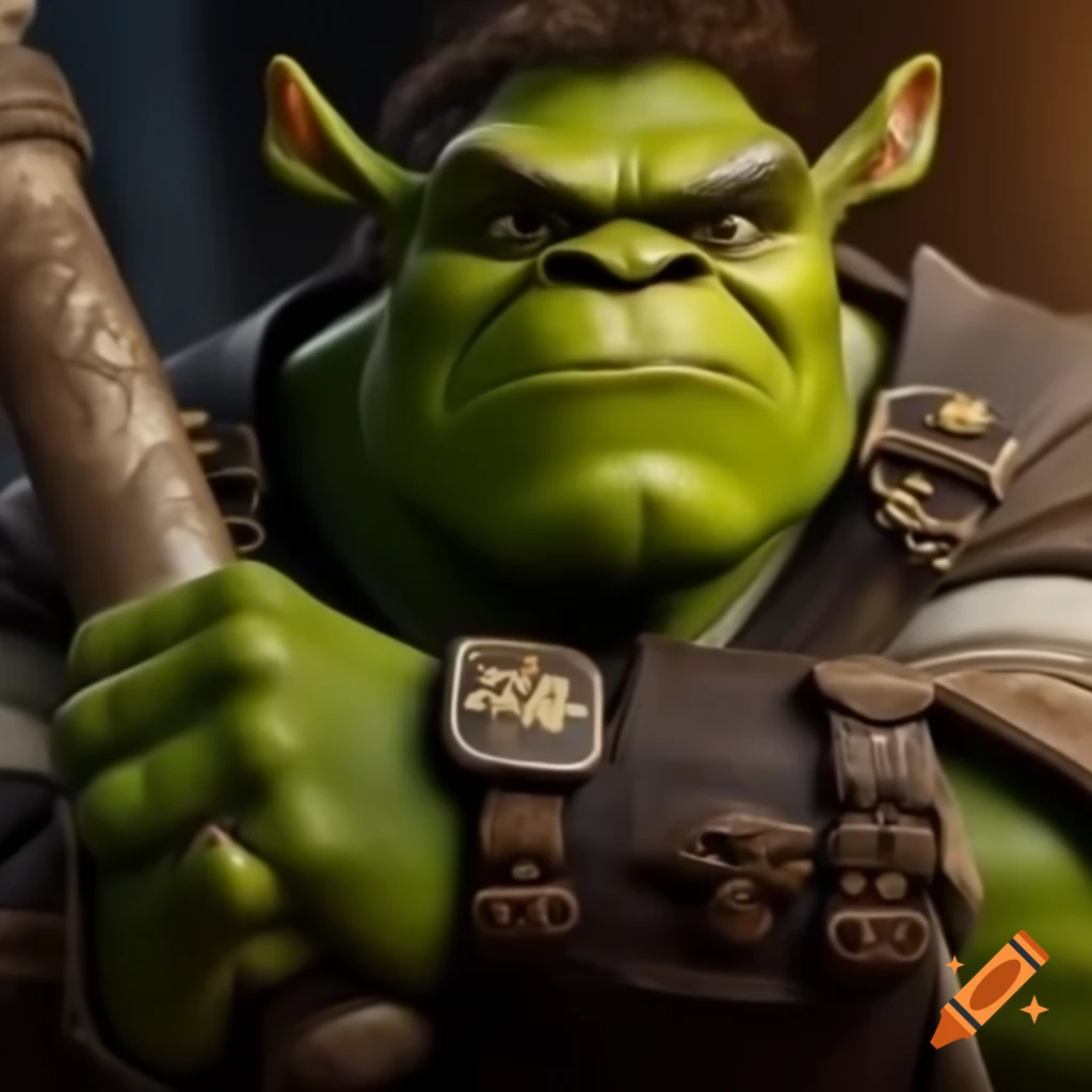 Cartoon of green orc professor in university mantle and cap holding scrolls
