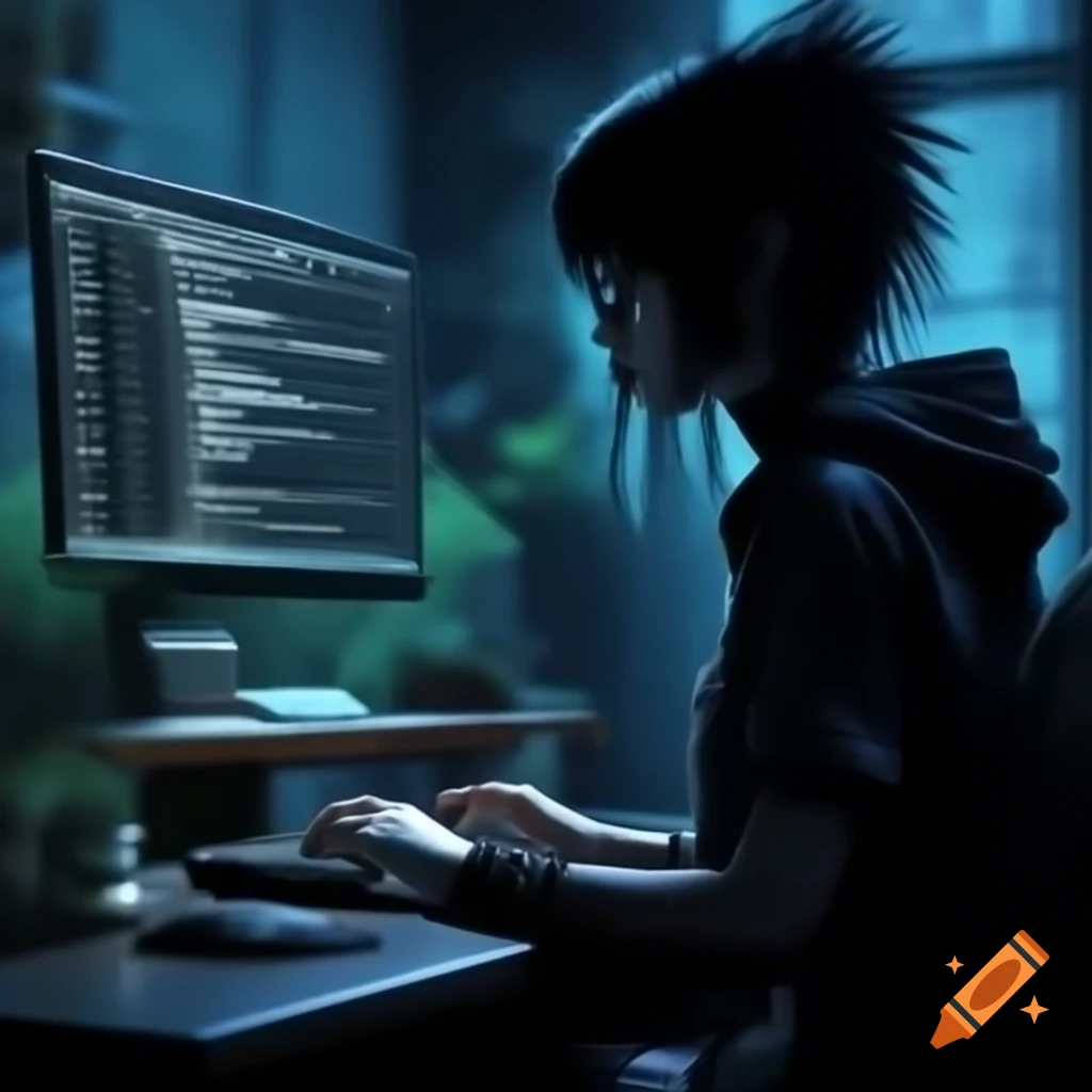 Woman with emo style coding on a computer