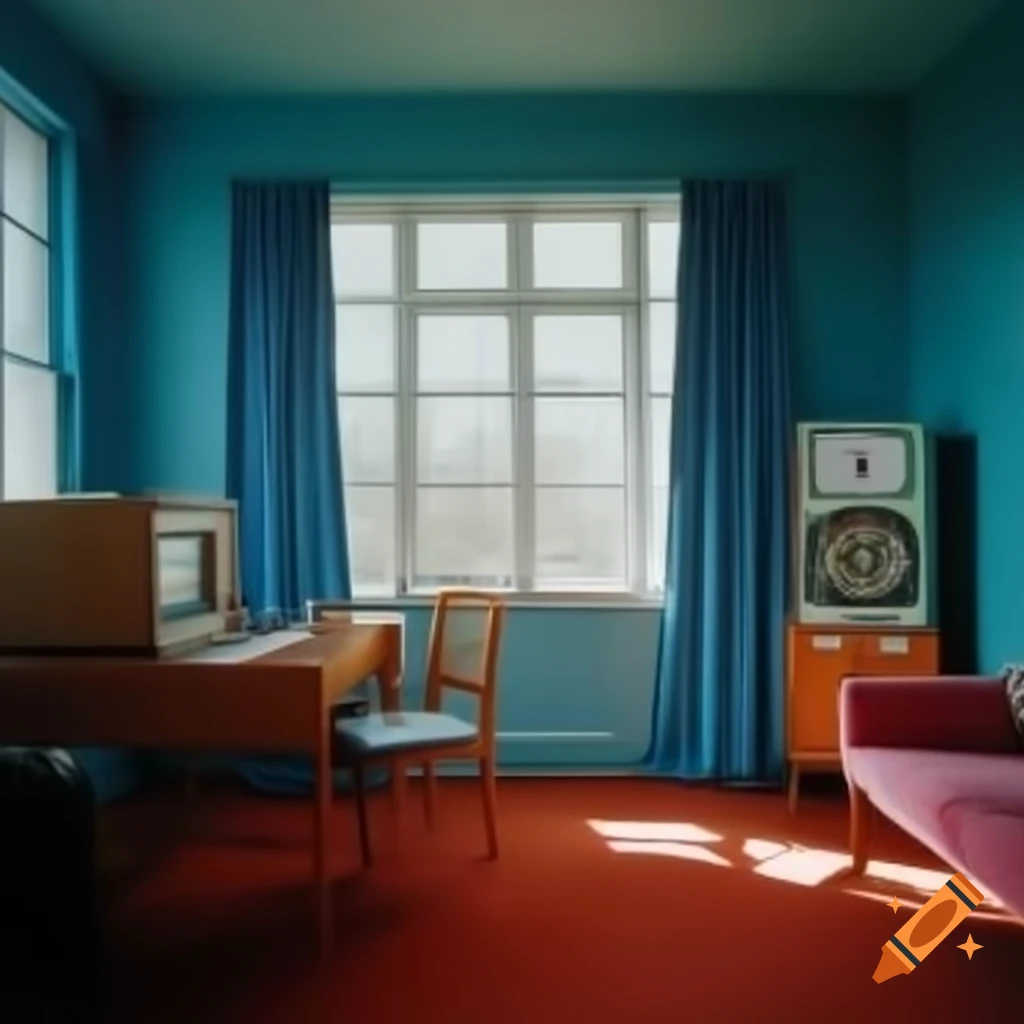 Room with blue curtains, wooden desk, retro PC, and pink sofa