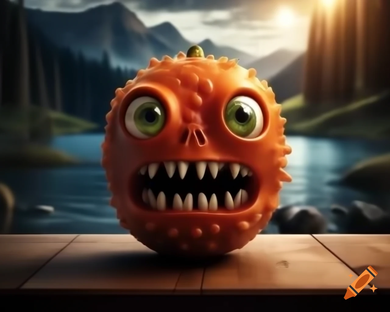Hyper-realistic 3D orange fruit monster with human features on wooden table