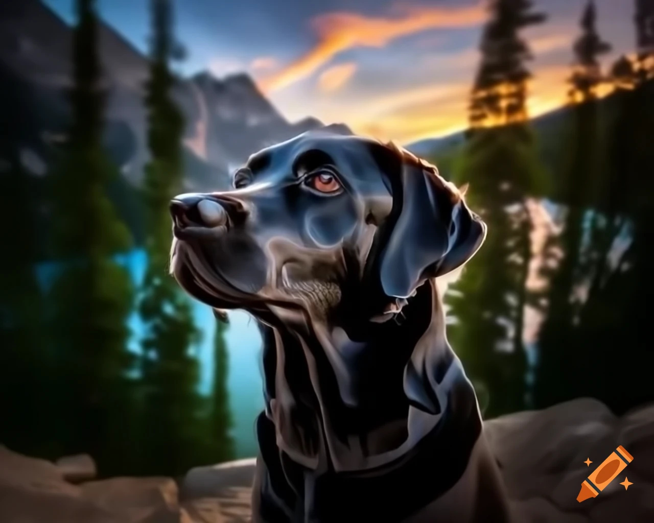 Black Labrador Retriever in forest facing camera with trees in background