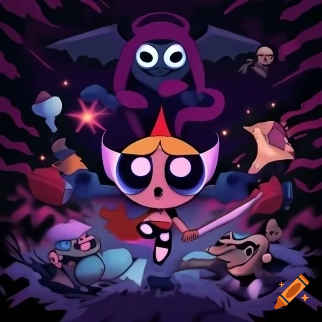 Surreal cosmic battlefield with colorful cartoon style and psychic energy