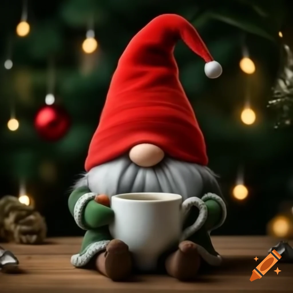 Gnome celebrating Christmas holding a cup