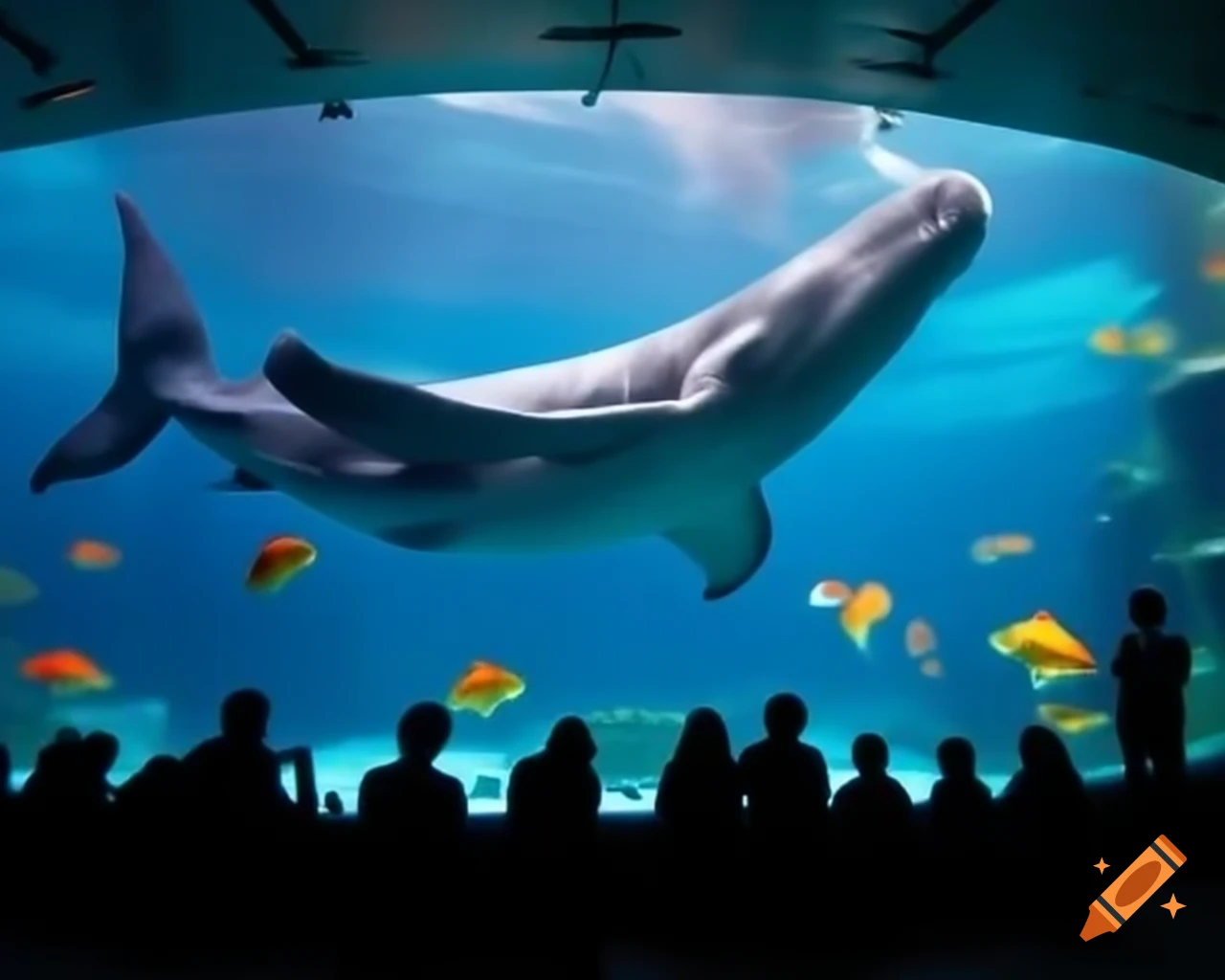 Large aquarium showcasing whales and goldfish with people observing