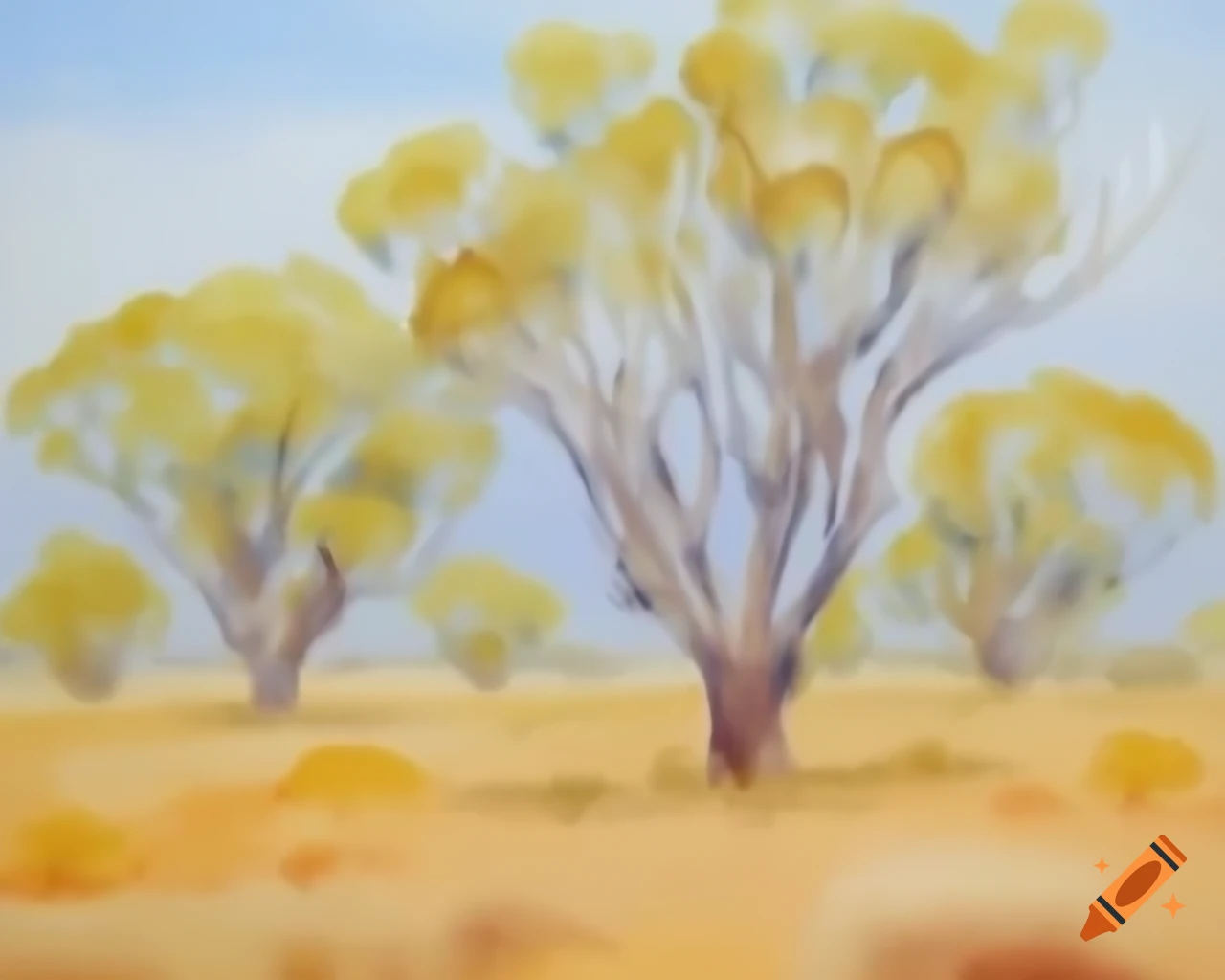 Australian bush scene in watercolor style reminiscent of Albert Namatjira