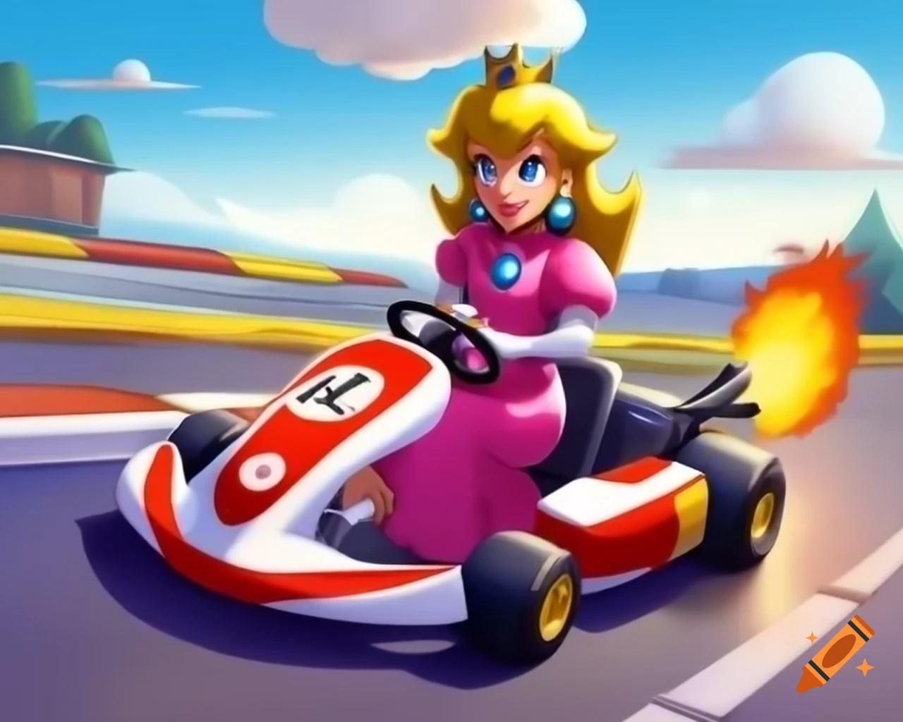 90s DC animation comic illustration of Princess Peach driving a kart