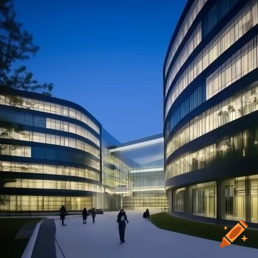 Futuristic technical university campus with tall main building and side structures