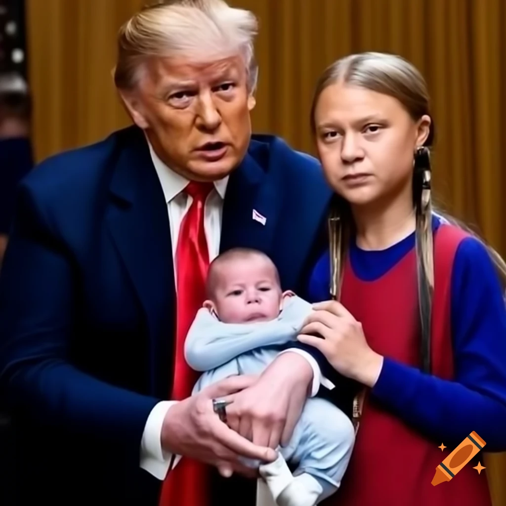Conceptual illustration of a fictional baby combining traits of Donald Trump and Greta Thunberg
