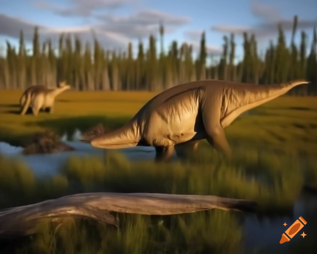 Herd of Hadrosaurus in sunny marshland with driftwood in British Columbia