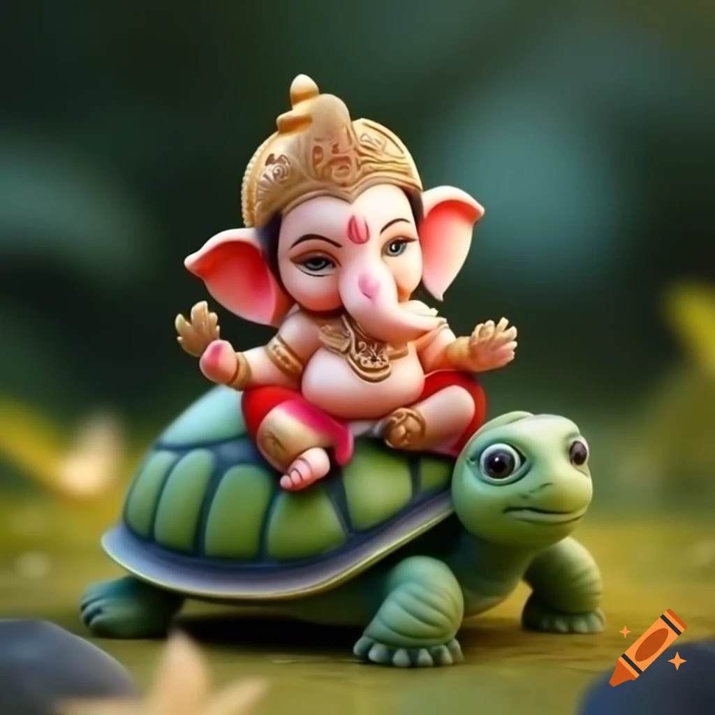 Cute Lord Ganesh riding a green turtle