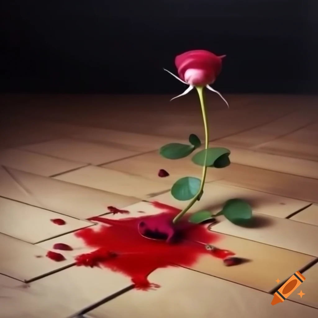 Vintage oil painting of rose flower stem with cut petals and red liquid on floor