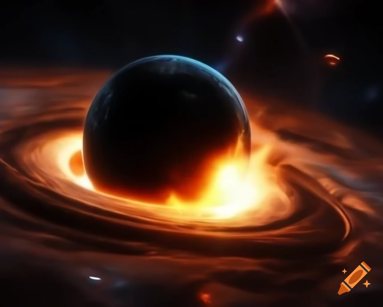Realistic black hole in star-filled space with artistic anamorphic lens flare