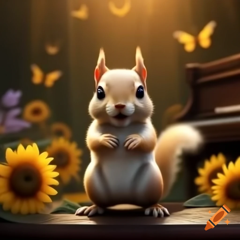 White squirrel singing on stage with sunflowers and butterflies in background