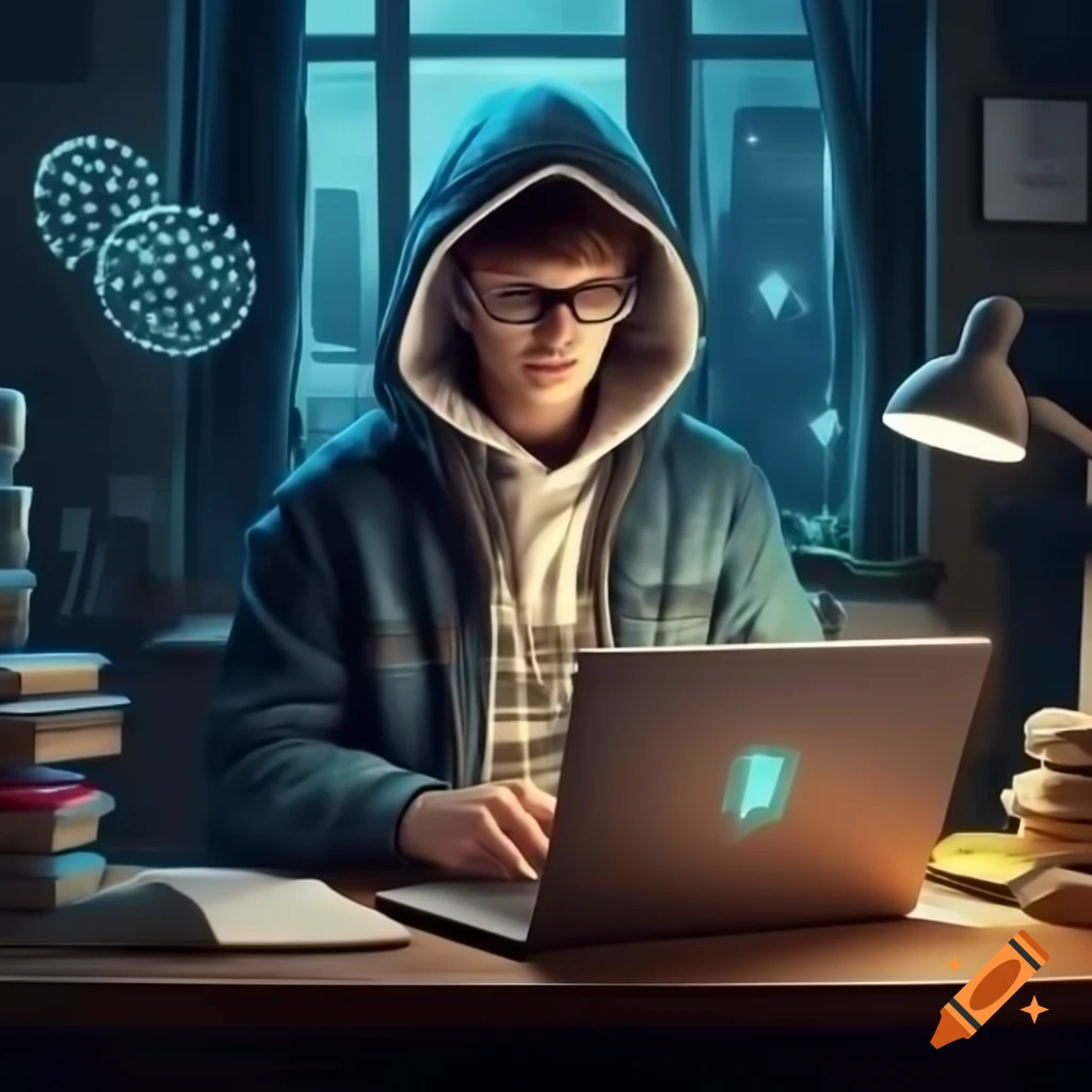Young adult with curious expression surrounded by web3 items like a laptop